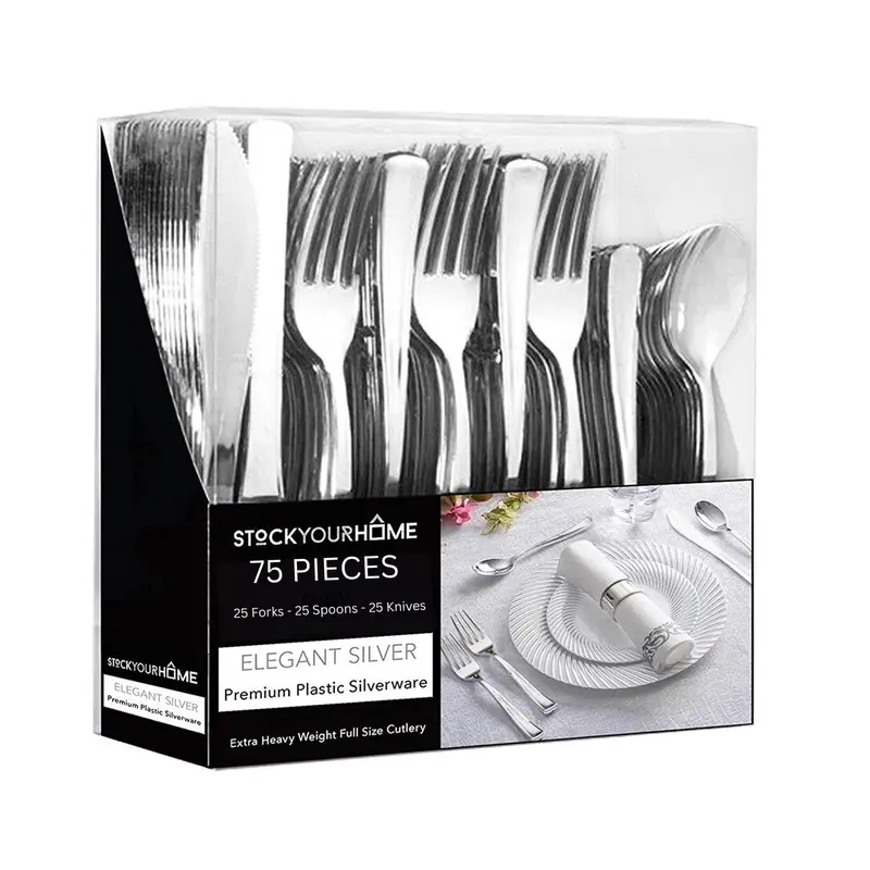 75 Pieces Heavy Duty (Silver) Plastic Silverware Set, Disposable Cutlery Set, Great for Parties, Weddings, and Catering, Flatware Utensils Included: 25 Forks, 25 Spoons, 25 Knives, Stock Your Home