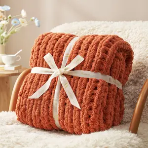Chunky Knit Handmade Chenille Cable Knitted Crochet Throw Blanket, Burnt Orange-Amelie Home