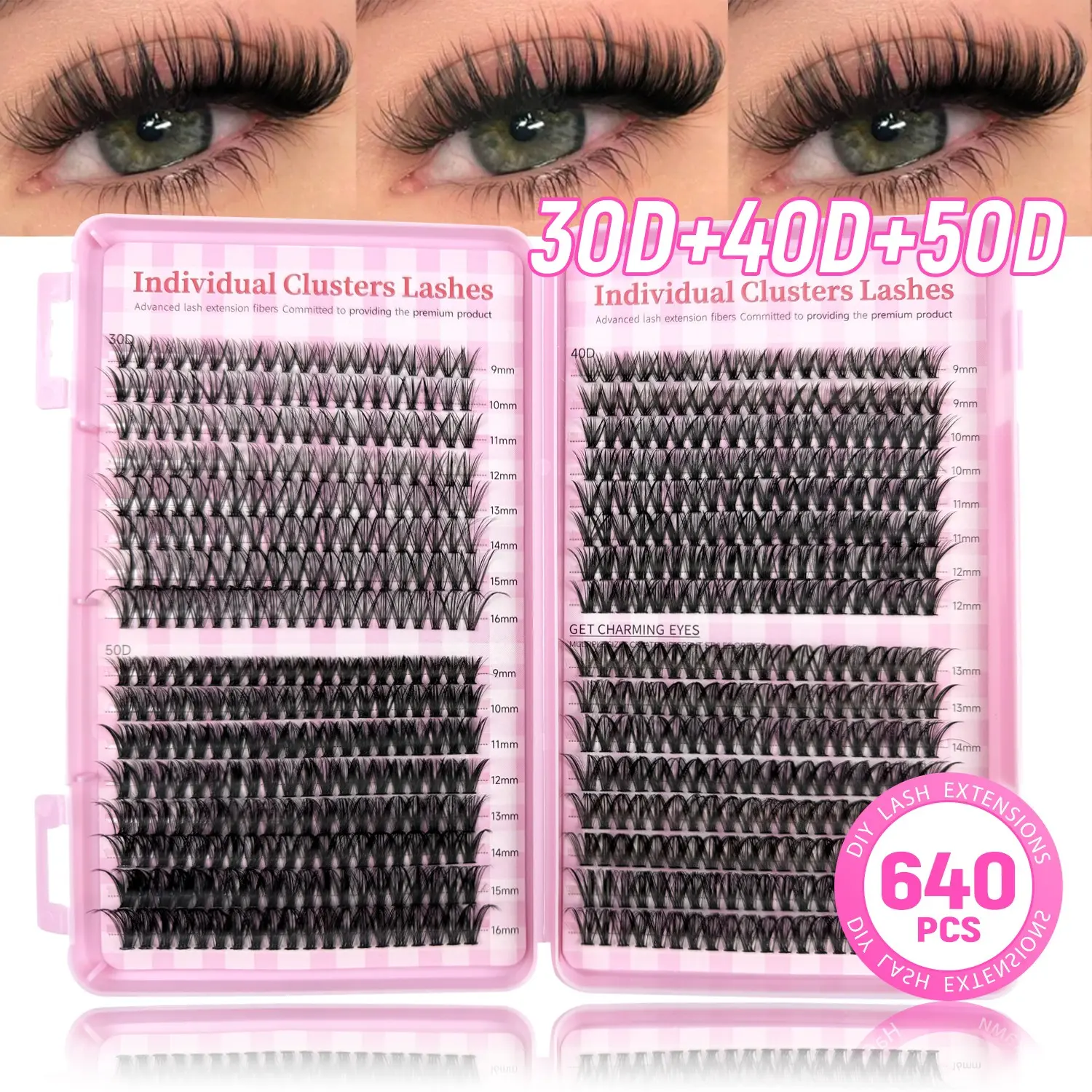 640 Pcs D Curl Lash Clusters, Individual Eyelash Extensions 30D/40D/50D, 9-16mm Mixed Length, Natural-Looking Soft Lightweight, DIY Beginner-Friendly, Reusable False Lashes