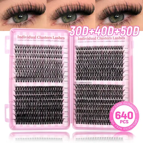 640 Pcs D Curl Lash Clusters, Individual 30D/40D/50D, 9-16mm Mixed Length, Natural-Looking Soft Lightweight Fluffy, DIY Beginner-Friendly, Reusable Cosmetic False Eyelashes