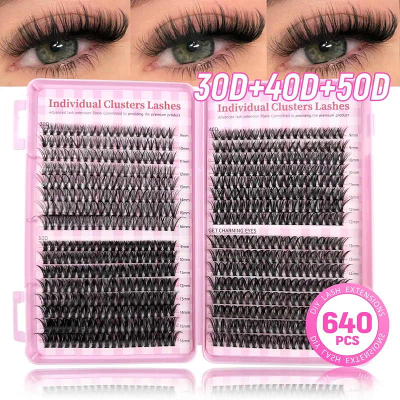 640 Pcs D Curl Lash Clusters, Individual 30D/40D/50D, 9-16mm Mixed Length, Natural-Looking Soft Lightweight Fluffy, DIY Beginner-Friendly, Reusable Cosmetic False Eyelashes