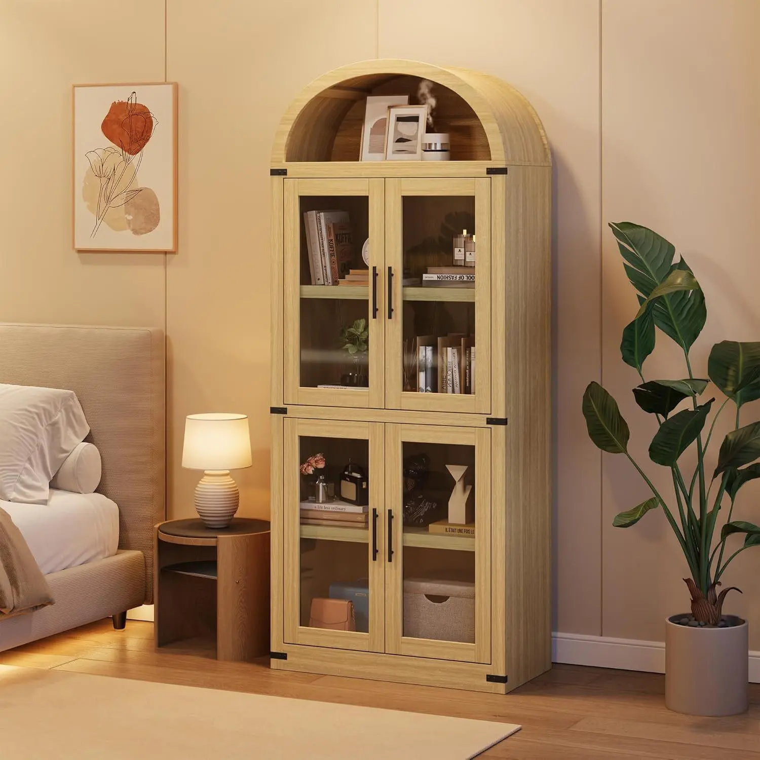 Sturdy Oak Wood Arched Bookshelf with Doors - Stable Rustic Farmhouse Decor Storage Display Cabinet for Living Room, Dining Room
