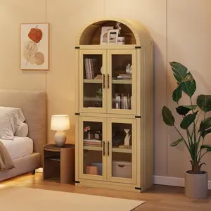 Arched Bookshelf with Doors ，Wooden Display Cabinet Rounded Bookcases for Living Room, Kitchen, Office (Natural Oak)