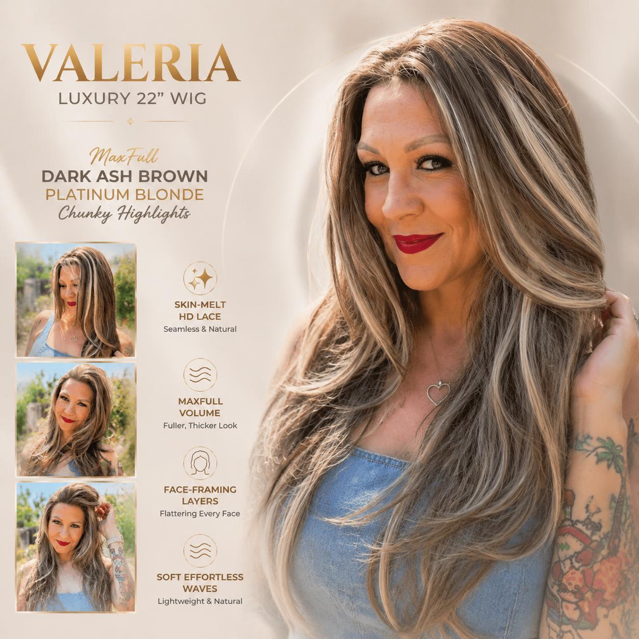 Valeria - MaxFull Dark Ash Brown Wig | Platinum Blonde Chunky Highlights, Pre-Cut 13×5 Skin-Melt HD Lace, Free Part, Face-Framing Layered, Soft Effortless Waves Wig