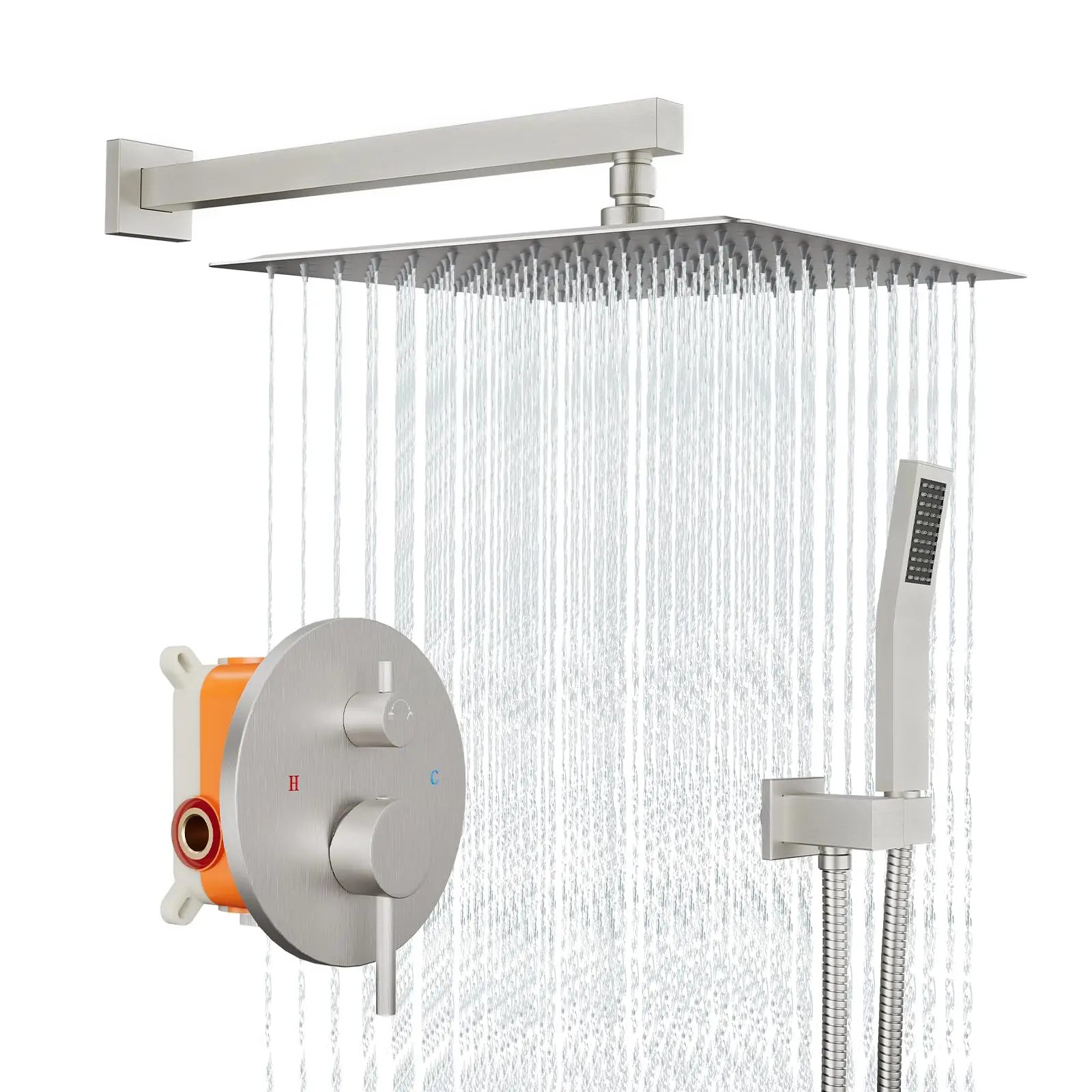 GARVEE 12 Inches Bathroom Rain Shower Combo Set Wall Mounted Square Rain Shower Head Brass Pressure Balancing  Mixer  Brushed Nickel