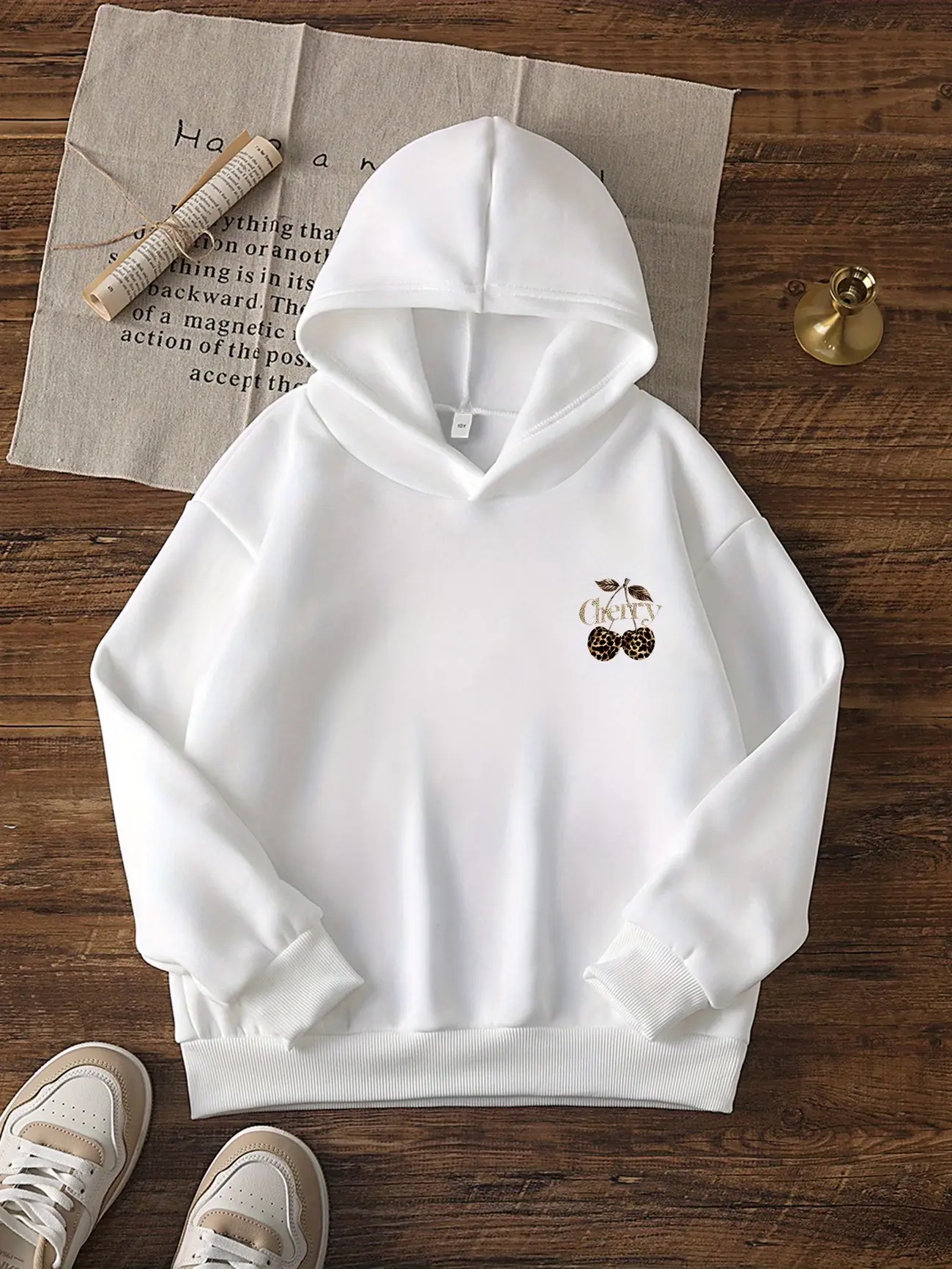 Trendy New Sweet Cool Leopard Print Cherry Hoodie Sweatshirt, Loose‑Fit Personality Top, Essential For Girls And Teens, Wild‑Style Top For Beach Vacation And Daily Streetwear
