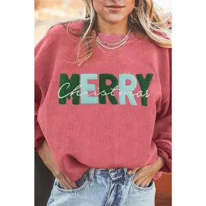 Strawberry Pink MERRY Christmas Chenille Embroidered Corded Sweatshirt