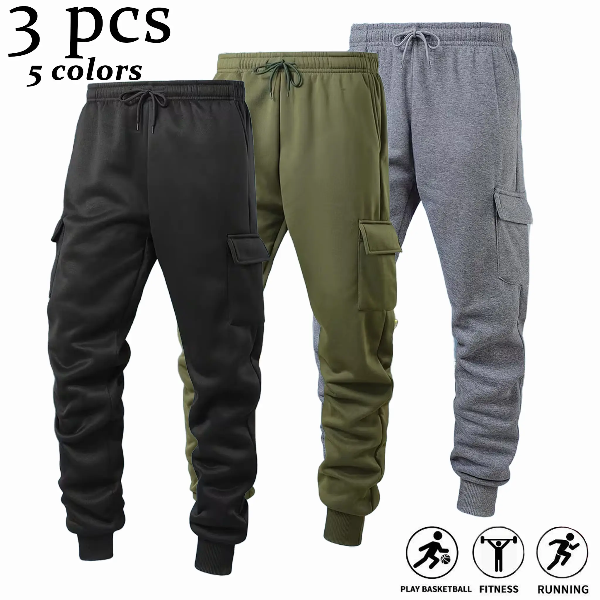 3 Pack Bundle Men Insulated Lined Cargo Pants, Cold Wind Resistant Solid Color Multi Pocket Casual Pants For Fall Winter Daily Use