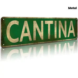 Vintage Cantina Street Sign - Rustic Green & Golden Metal Wall Decor, Aluminum Slim Tin Art for Home Bar, Garage, or Bedroom, 4"x16", Retro English Lettering, Distressed Finish, Easy Mounting