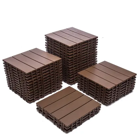 68 Pcs WPC Parquet Flooring Interlocking Tiles (11.42"x11.42"), 61.60 Sq.Ft Non-Porous Exterior-Grade Floating Click-Parquet, Waterproof All-Weather Flooring for Balcony, Backyard Use, Brown, Non-Porous Click-Parquet