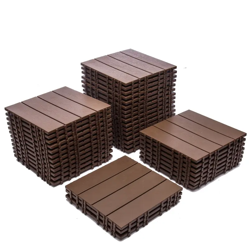 68 Pcs WPC Parquet Flooring Interlocking Tiles (11.42"x11.42"), 61.60 Sq.Ft Non-Porous Exterior-Grade Floating Click-Parquet, Waterproof All-Weather Flooring for Balcony, Backyard Use, Brown, Non-Porous Click-Parquet