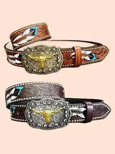 Western Cowboy Style Belt, Fashionable Vintage Style Belt for Men & Women, Casual Waistband for Jeans Trousers for Daily Use, Western Concho Belts