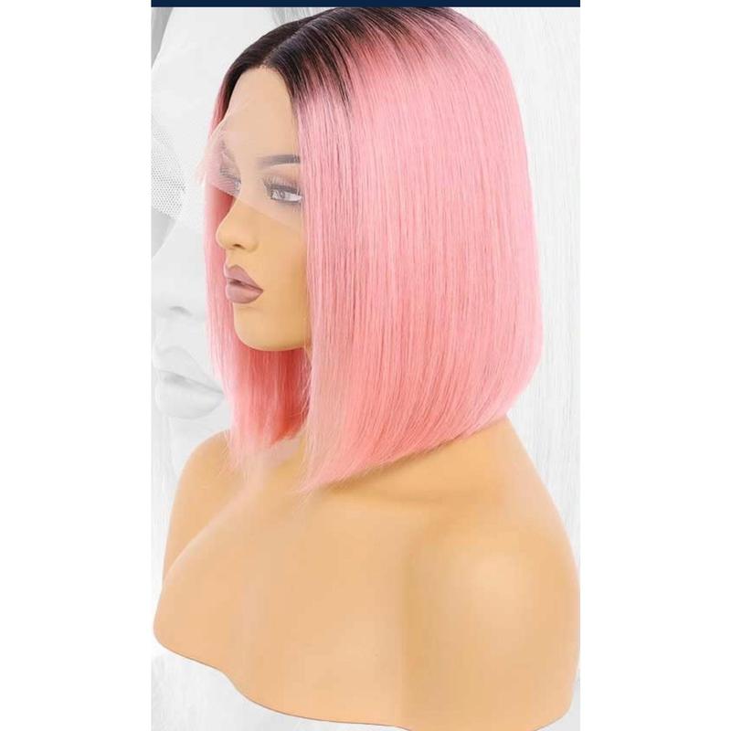 Rose Pink HD LACE FRONTAL BOB wigs. Human hair 180 density