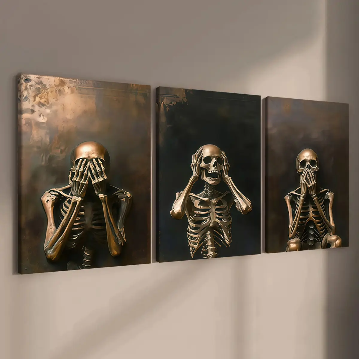 3-count wooden frame canvas, art posters that don't listen, look or speak, skull decoration, fashionable family posters, modern living room decoration, suitable for corridor and bedroom walls, waterproof art, Decorative Artwork
