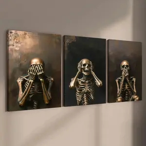 3-count wooden frame canvas, art posters that don't listen, look or speak, skull decoration, fashionable family posters, modern living room decoration, suitable for corridor and bedroom walls, waterproof art