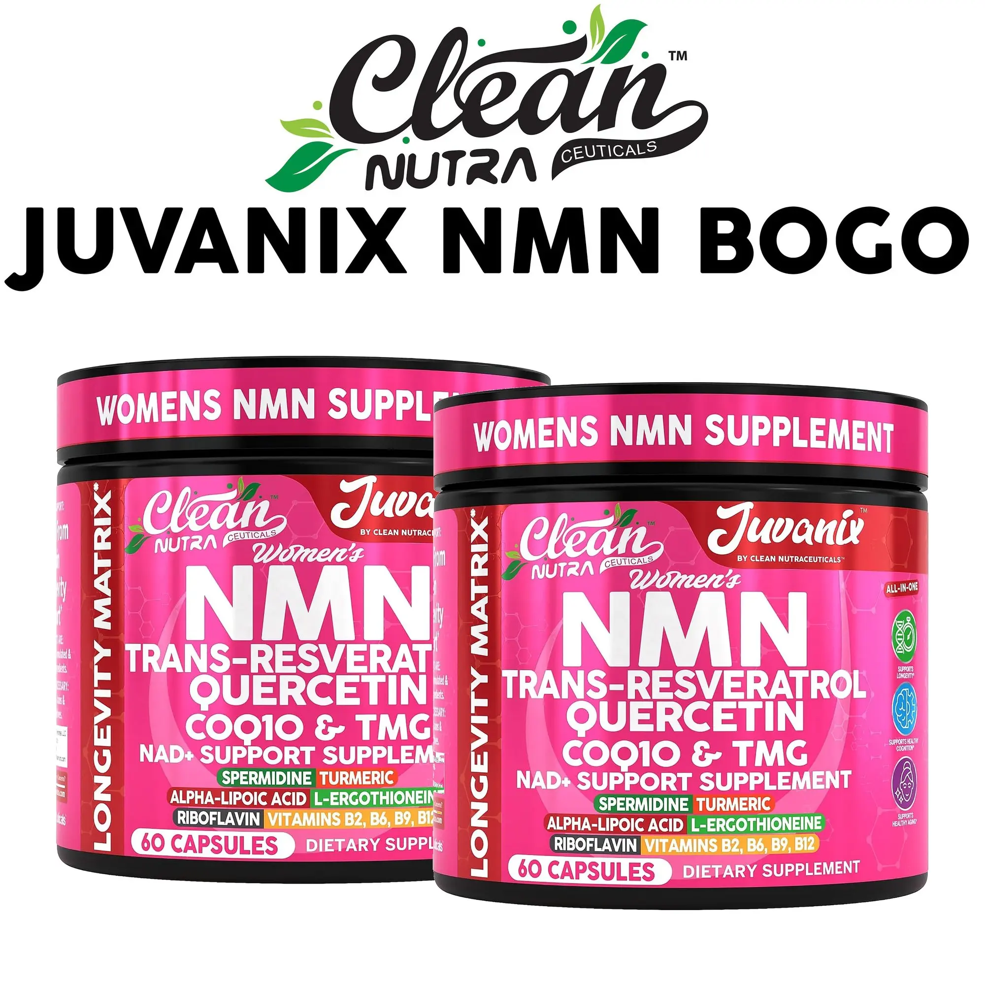 BOGO NMN Supplement 500mg NAD+ Resveratrol for Women – Buy 1 Get 1 Womens NMN NAD+ Jar Longevity Anti Aging – NMN Supplement with CoQ10 Quercetin Spermidine TMG – Cellular Energy Brain Health – Nicotinamide Mononucleotide Glass Jar – Clean Nutra Juvanix