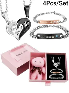 4Pcs Couple Necklace Set Eternal Love Heart Pendant Valentine Gift for Him Her｜Matching Couple Necklace Set with Eternal Love Heart Pendant Adjustable Jewelry Gift for Valentine’s Day Anniversary Birthday
