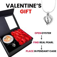 silver pearl necklace with rose box