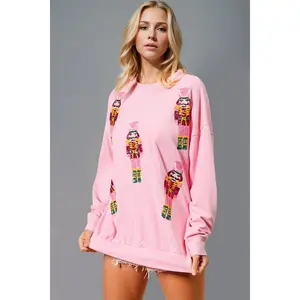 Double Take Sequin Nutcracker Round Neck Long Sleeve Sweatshirt Womenswear Comfort Hoodie Polyester