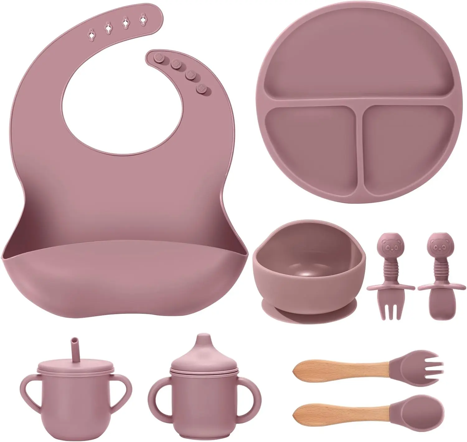 9-Piece Silicone Baby Feeding Set, Suction Plate & Bowl, Bib, Spoon & Fork, Training Cup with Straw, Sippy Cup, Baby Feeding Utensils for Toddlers, Pink