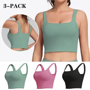 3 Packs U Back Longline Sports Bras for Women - Scoop Neck Padded Yoga Workout Crop Top with Built in Pads