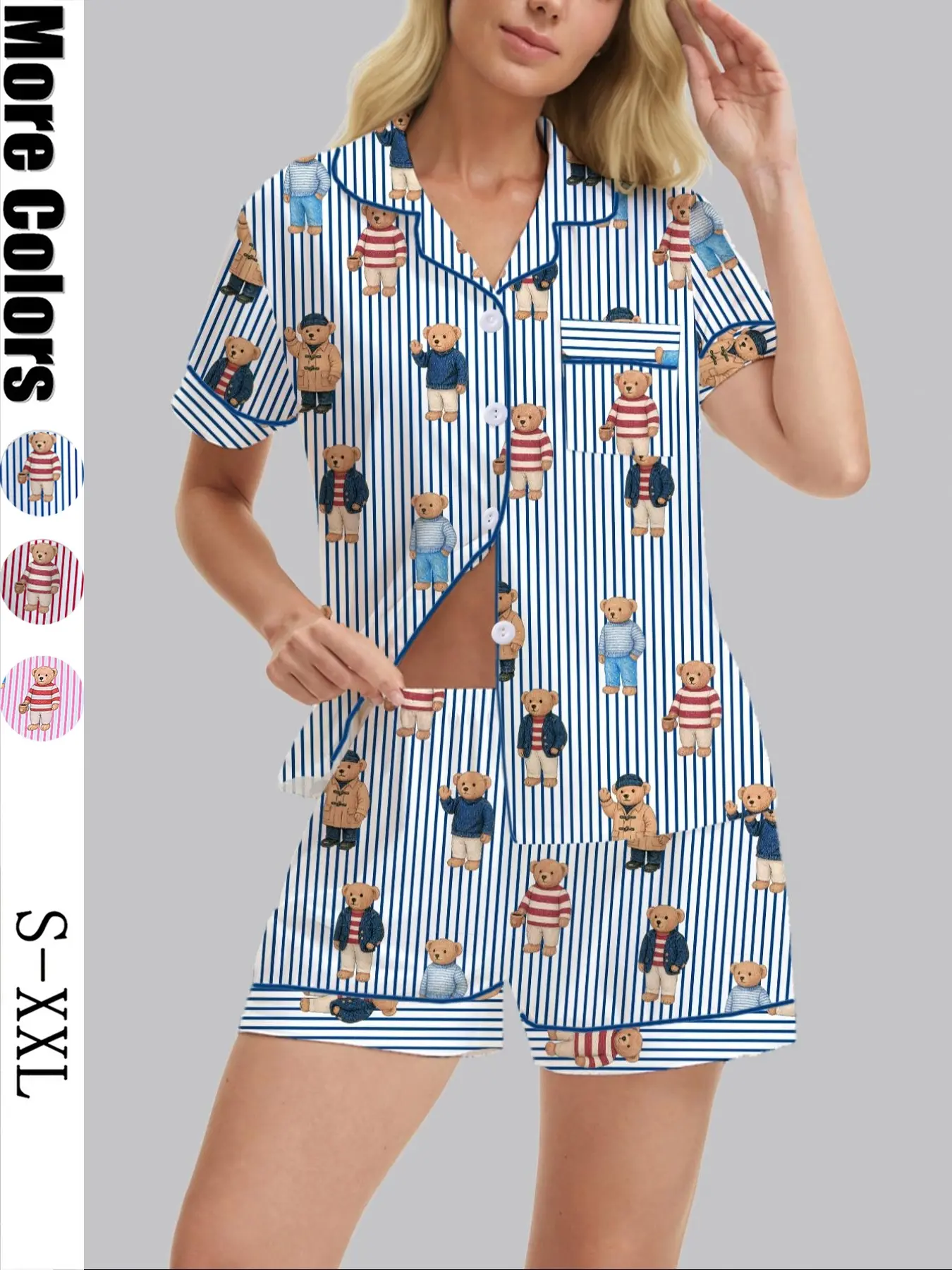 Women's Bear Print Pajama Set Pjs, Soft Shirt Short Sleeves & Elastic Shorts, Casual Fitted Sleepwear for All Seasons, Homewear, Loungewear, Pajamas Shorts