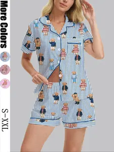 Women's Bear Print Pajama Set Pjs, Soft Shirt Short Sleeves & Elastic Shorts, Casual Fitted Sleepwear for All Seasons, Homewear, Loungewear, Pajamas Shorts