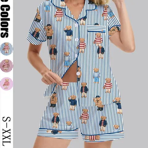 Women's Bear Print Pajama Set Pjs, Soft Shirt Short Sleeves & Elastic Shorts, Casual Fitted Sleepwear for All Seasons, Homewear, Comfy Loungewear Set, Loungewear, Pajamas Shorts