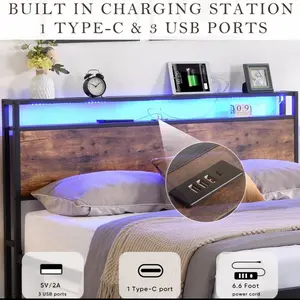 Full Size Bed with Storage Headboard 2 Drawers LED Light Bed in Industrial....