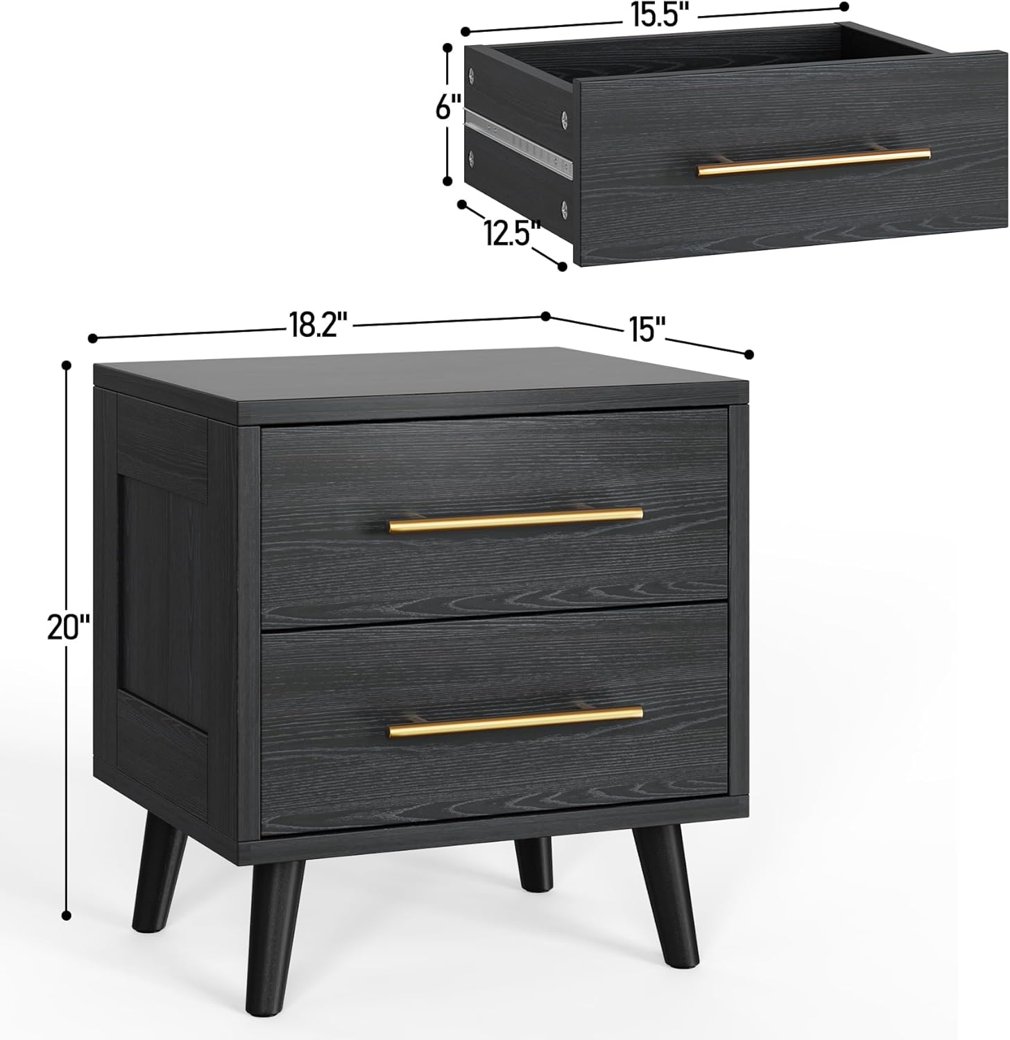 Gizoon Nightstand, Bedside Table with Metal Handles, Modern Wood Night Stand 2 Drawer Dresser for Bedroom, Black Furniture