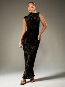 MISSGUIDED Velvet Burnout Floral Ruched Bodycon Maxi Dress