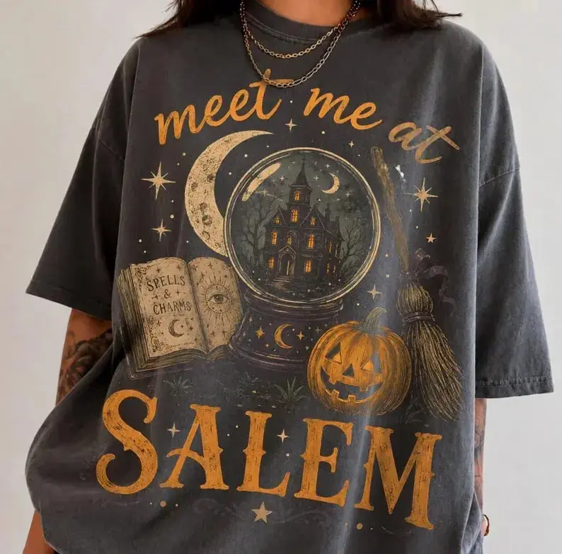 Comfort Colors Meet Me At Salem Shirt, Witchy Halloween Graphic Tee, Vintage Haunted House T-Shirt, Dark Cottagecore Fall Shirt, Spooky Season Apparel