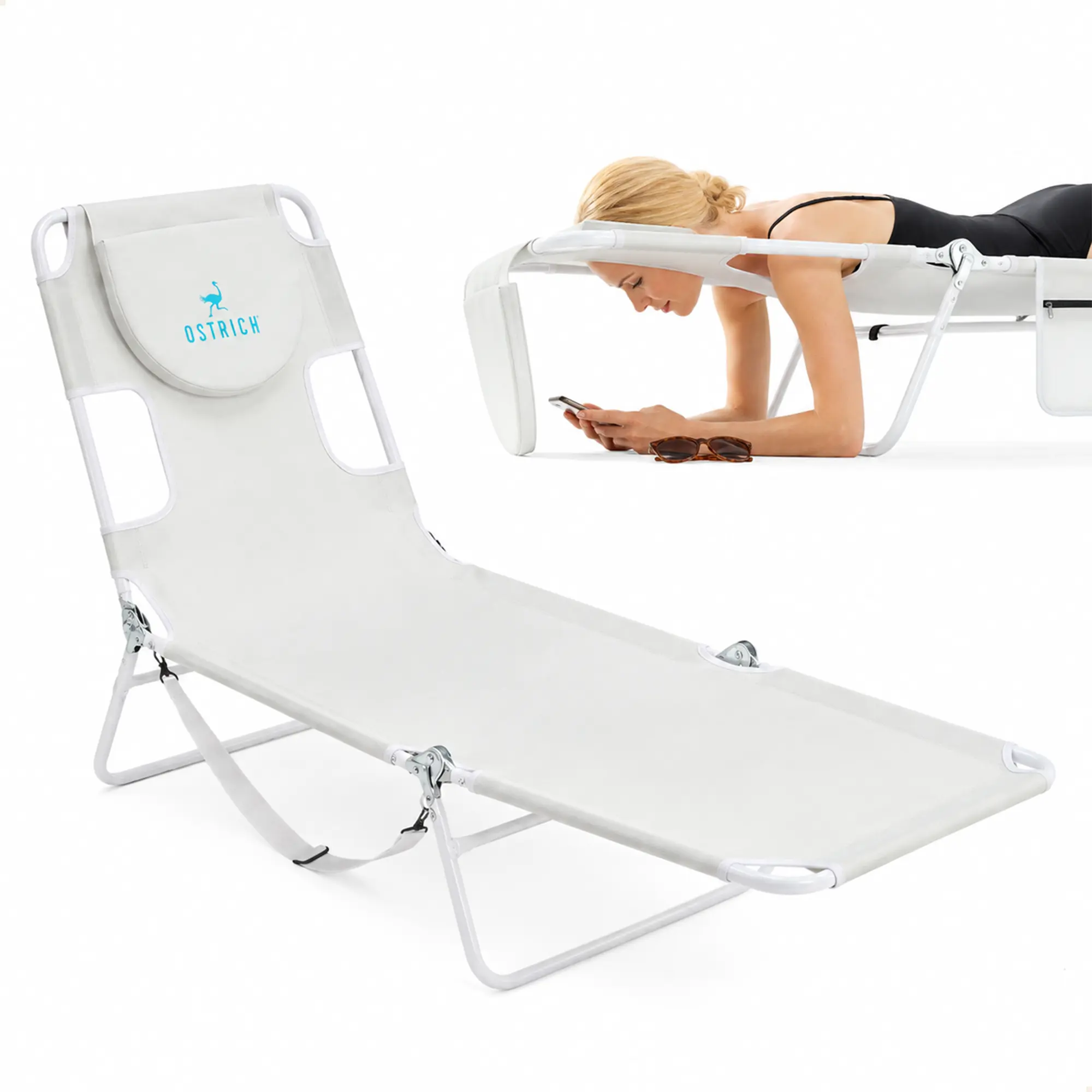 Ostrich The Original Chaise Lounge, Facedown Beach Pool Tanning Chair, White