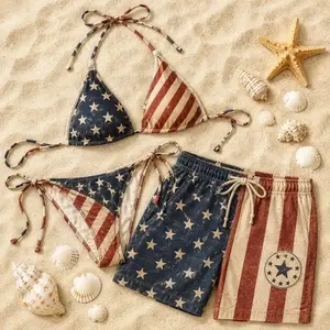 Vintage American Flag Matching Couple Swimwear Set, Distressed USA Patriotic Bikini and Swim Shorts, Retro 4th of July Beach Outfit,Vintage American Flag Swimwear, Couples Patriotic Bikini Set, 4th of July Matching Bathing Suit, Distressed USA Swim Shorts