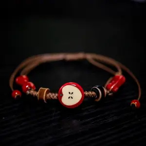 Handmade Apple Ceramic Bracelet Adjustable Woven Cord Cute Cartoon Style Jewelry for Gifts