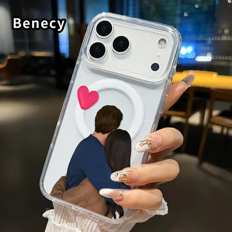 Magnetic Hybrid Phone Case for iPhone Series (17,16 Pro Max Plus,15,14,13,12,11,Air) - Felt Embrace Pattern, Non-Yellowing, Shockproof Durable Soft Silicone Transparent Acrylic Large Hole Cover, Wireless Charging Support, Phone Protection Accessories, Mag