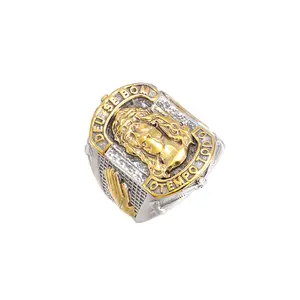 Men’s Gold-Plated Stainless Steel Hip Hop Religious Prayer Ring - YS Faith Letter Portrait Design, Vintage Street Fashion Metal-Coated Costume Jewelry, Men's Accessories, Ideal for Anniversary Gifting