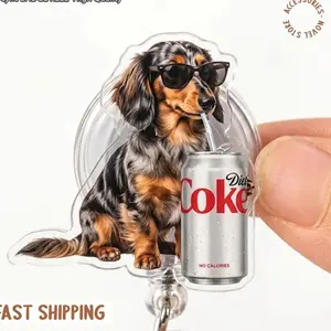 Funny Dachshund Drinking Iced Coffee Badge Reel , Meme Trash Panda Drinking, Medical ID Badge, Retractable Clip, Dachshund Meme