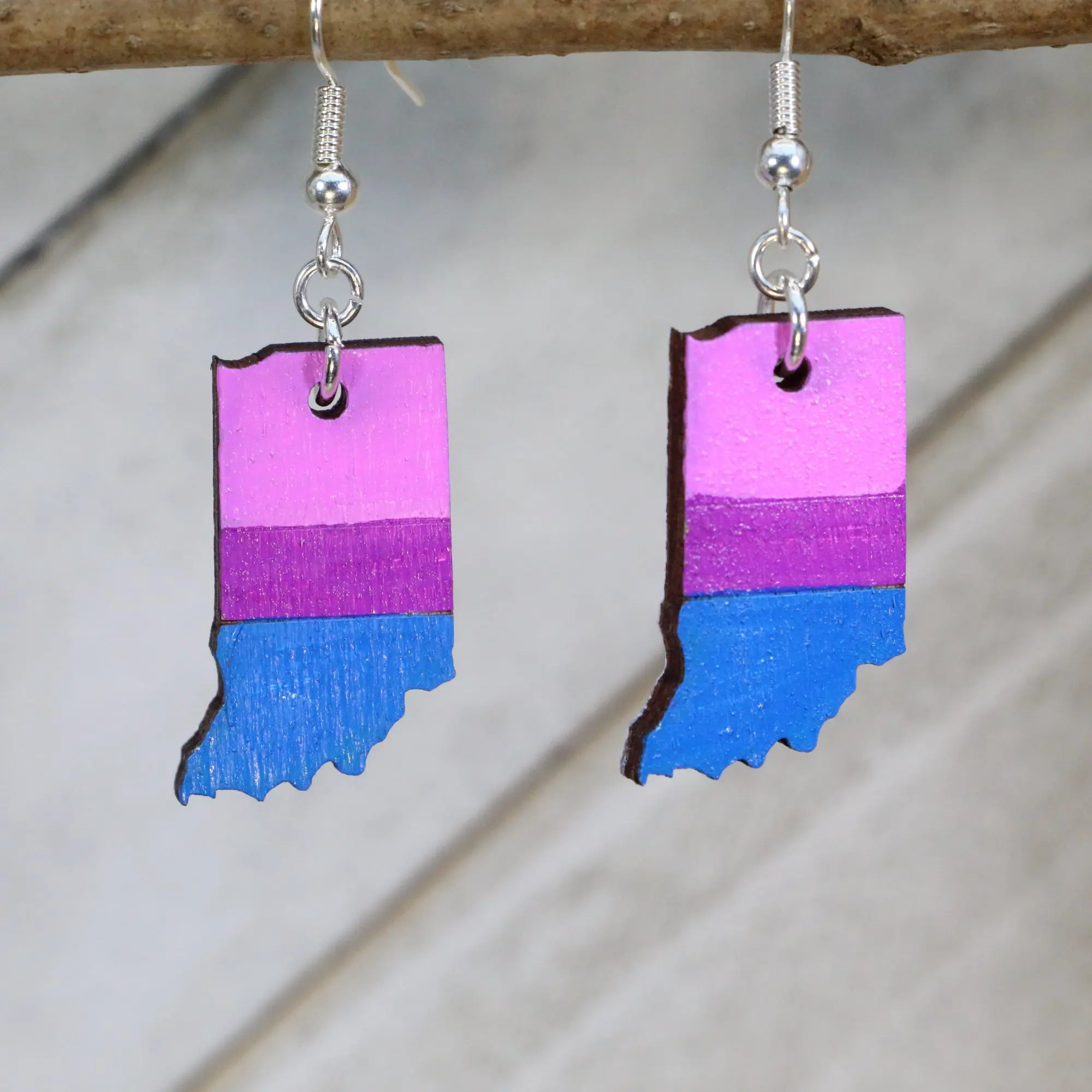 Indiana Bisexual Pride Flag Wooden Dangle Earrings - LGBTQ State Pride Costume Jewelry, Hand-Painted, French Wire, Lightweight, Unisex, for Casual Wear & Advocacy Events, Lifetime Guarantee, Flag Colors