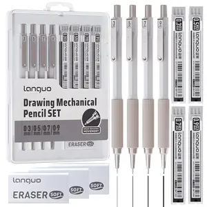 Metal Mechanical Pencil Set,Retractable pen tip,Anti-break core,4PCS Art Drafting Pencils0.3, 0.5, 0.7, 0.9MM with 80PCS Leads Refills 3PCS Erasers Case for Writing Sketching Drawing