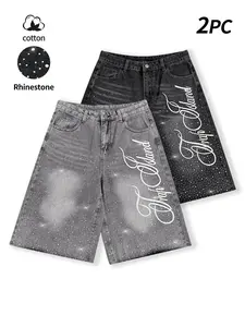 Streetwear Grey Embroidered Jeans: vintage-style, distressed, diamond-studded, embroidered casual jeans two-piece set, including cropped jeans, letter-embroidered casual jeans, American street style, fashionable daily wear denim