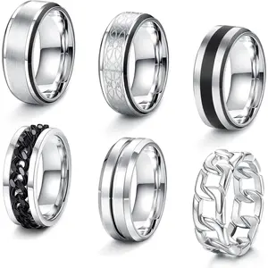 Cassieca  6 Count Stainless Steel 8MM Mens Rings Celtic Ring Cuban Link Ring Bottle Men Rings Set