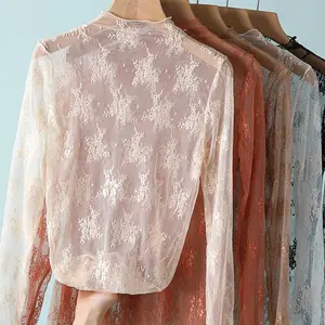 3PCS Women Sheer Floral Lace T-Shirt Top Breathable Mock Neck Long Top Sleeve Pullover O Neck Sheer Tees Body Crop Top
