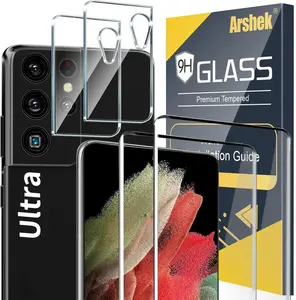 [2+2 Pack] Galaxy S21 Ultra Screen Protector Tempered Glass for Samsung Galaxy S21 Ultra 5G, Ultrasonic Fingerprint Compatible,3D Curved,HD Clear with 9H Tempered Glass Camera Lens Protector Shockproof Automatic