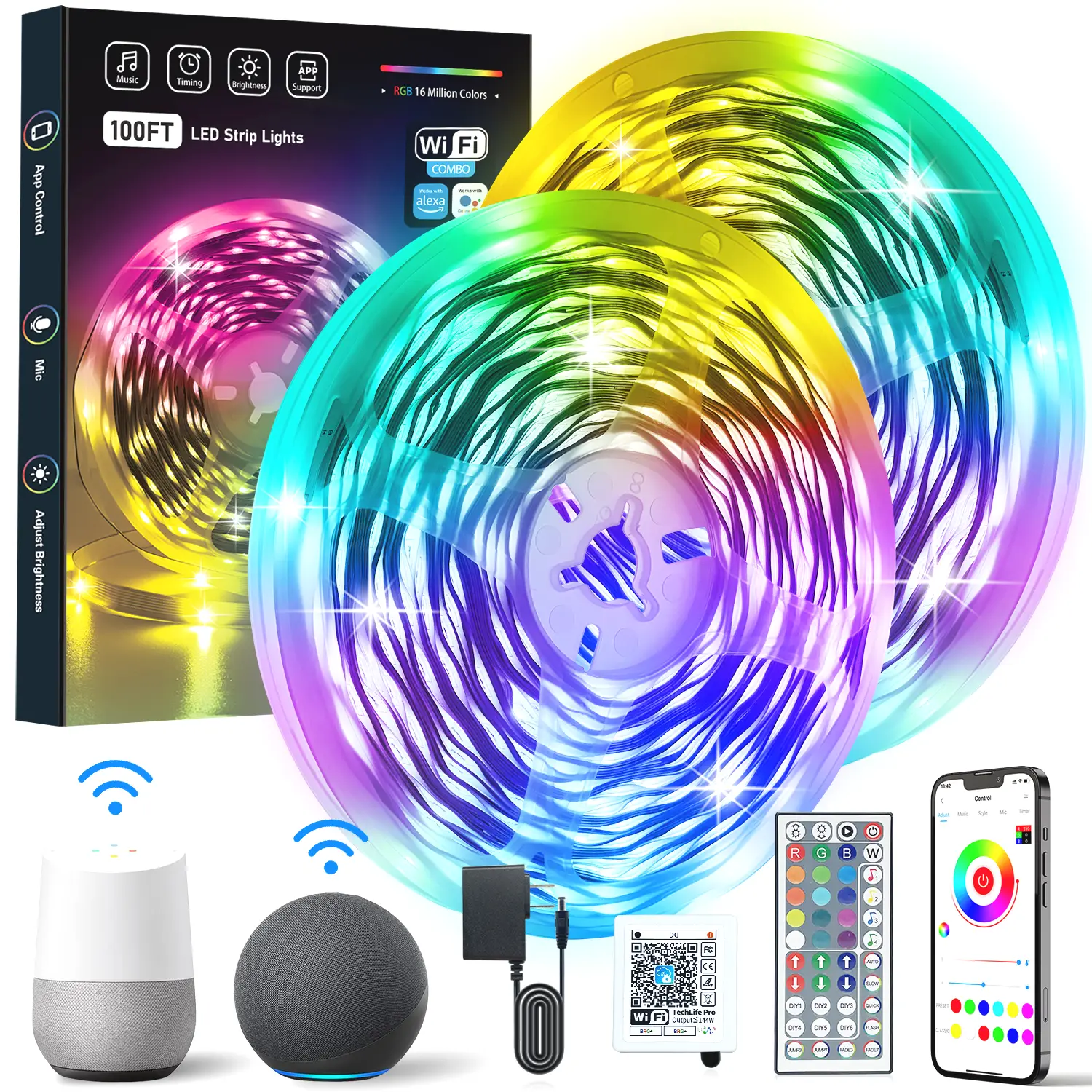 KEXU 100FT 50FT WiFi LED Strip Lights Smart RGB Color Changing LED Light Strip Work with Alexa & Google Assistant for Bedroom Decors - Lighting