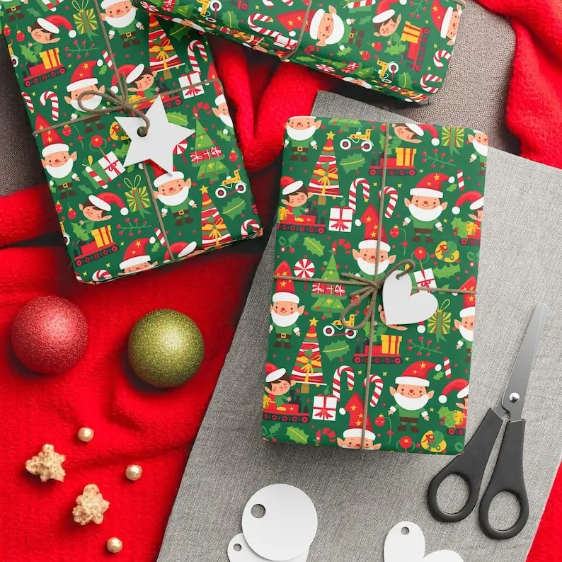 Christmas Wrapping Paper with Santa Claus | Green Holiday Gift Wrap with Festive Icons | Kids Family Winter Style | Matte or Glossy