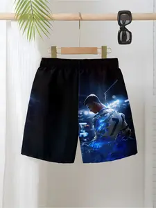 Boys' Football Sports Casual Shorts, Fitted Short Pants for Boys, Random Print Design, Perfect for Daily Wear & Play