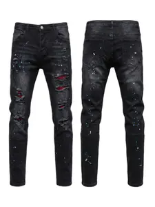 Men's Ink Print Ripped Denim Jeans, Fashionable Modern Streetwear Style Distressed Jean Fabric, Unique Design with Eye-Catching Patterns