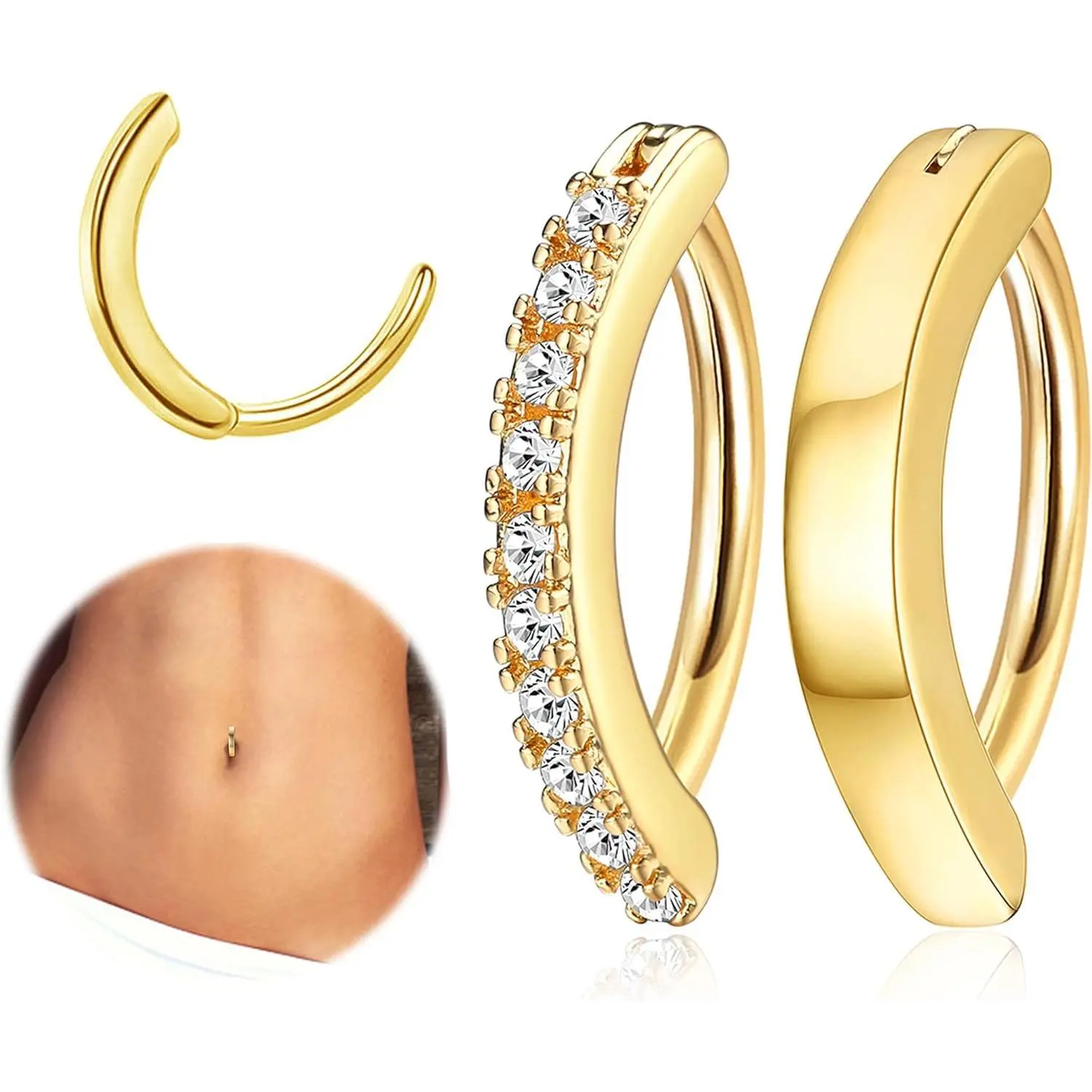 CASSIECA Women's 2-Count 14G Surgical Stainless Steel CZ Clicker Body Piercing Jewelry - Simple Reverse Navel Rings, Septum Accessories, Nose Cuff