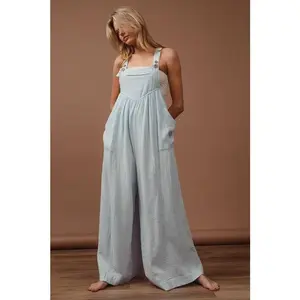 BiBi Vintage Washed Crinkle Gauze Wide Leg Overalls